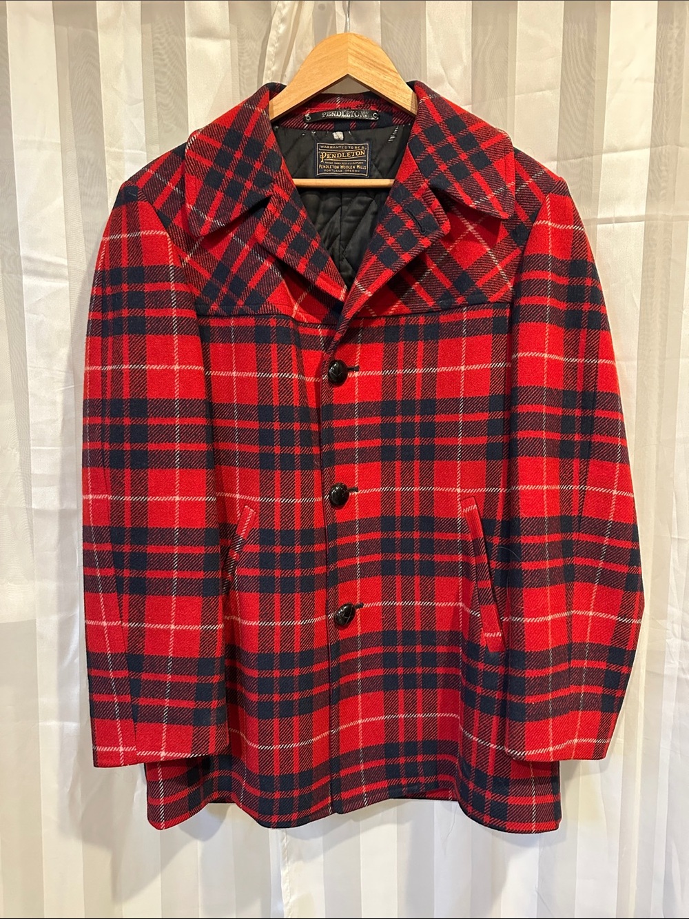 Vintage Pendleton Red & Black Plaid Wool Pea Coat